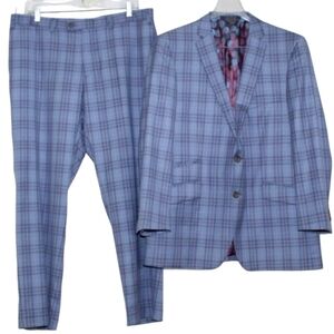 Indochino Blue Plaid 2 Piece Wool/Linen Suit  Lined Men's Jacket 55" Pants 48"